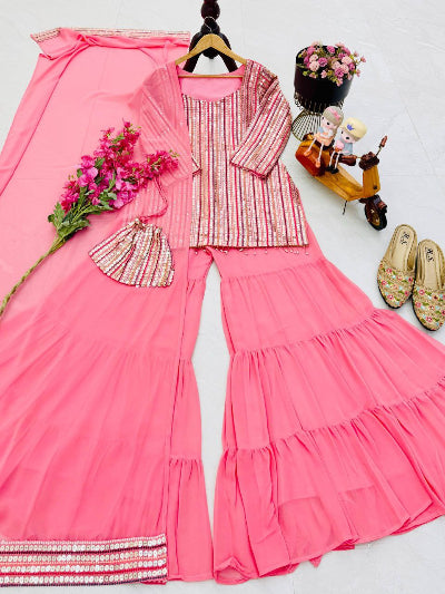 Gulabi Pink Georgette Embroidery Ruffle Sharara Suit