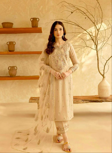 Cream Gold Roman Silk Embroidery Straight Suit