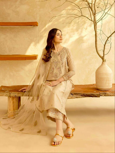 Cream Gold Roman Silk Embroidery Straight Suit