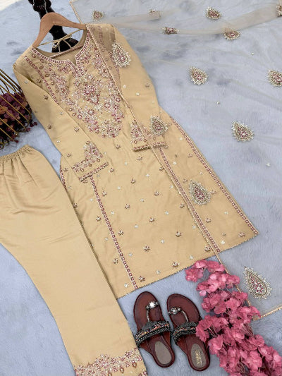 Cream Gold Roman Silk Embroidery Straight Suit