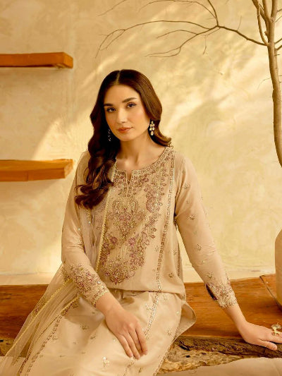 Cream Gold Roman Silk Embroidery Straight Suit