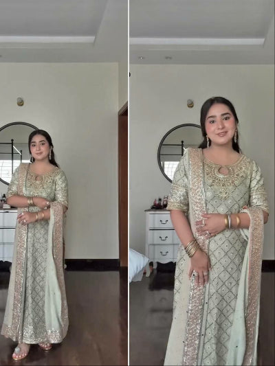 Pastel Gold Georgette Embroidered Mirror Work Straight Suit