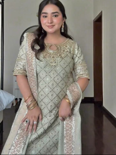 Pastel Gold Georgette Embroidered Mirror Work Straight Suit