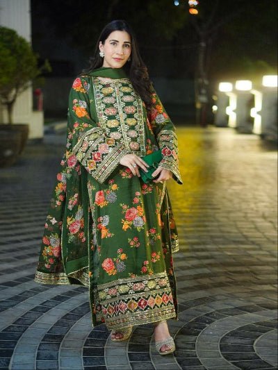 Green Chinon Silk Floral Embroidered Straight Suit Set - BONYHUBSALWAR KAMEEZ