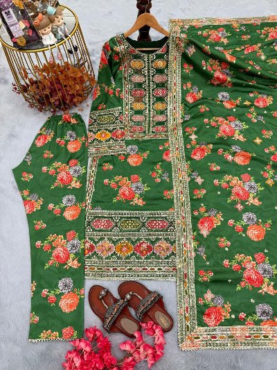 Green Chinon Silk Floral Embroidered Straight Suit Set - BONYHUBSALWAR KAMEEZ