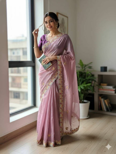 Pastel Lavender Organza Saree with Unstitched Blouse