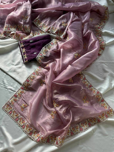 Pastel Lavender Organza Saree with Unstitched Blouse