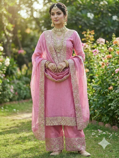 Blush Pink Fendi Silk Gold Embroidered Palazzo Suit