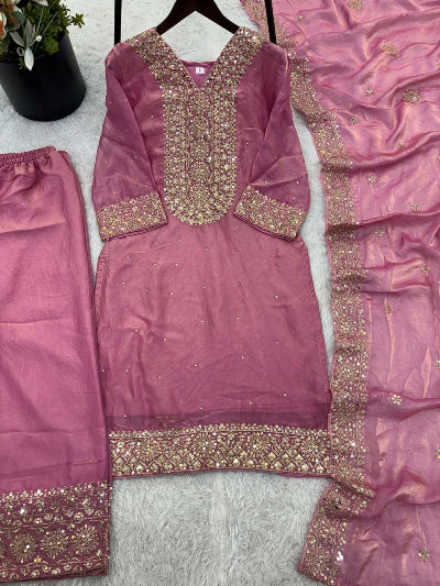 Blush Pink Fendi Silk Gold Embroidered Palazzo Suit