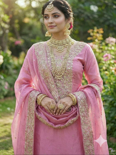 Blush Pink Fendi Silk Gold Embroidered Palazzo Suit