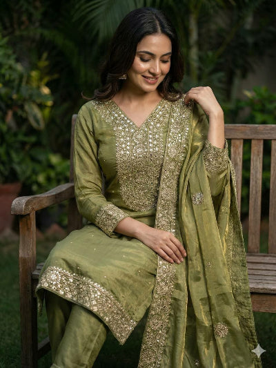 Olive Green Fendi Silk Gold Embroidered Palazzo Suit