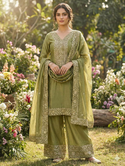 Olive Green Fendi Silk Gold Embroidered Palazzo Suit
