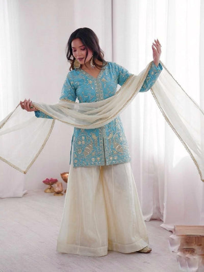 Ice Blue &amp; White Gold Embroidery Work Sharara Suit