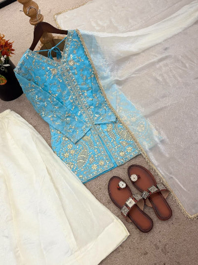 Ice Blue &amp; White Gold Embroidery Work Sharara Suit