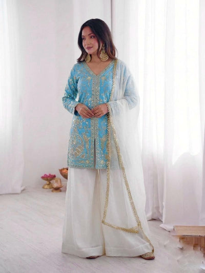 Ice Blue &amp; White Gold Embroidery Work Sharara Suit