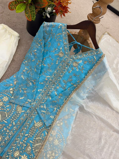 Ice Blue &amp; White Gold Embroidery Work Sharara Suit
