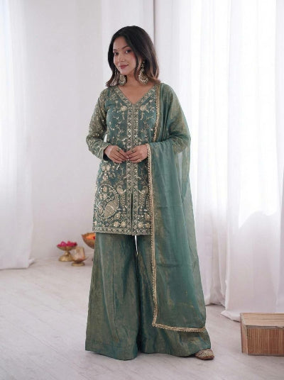 Teal Green Soft Gold Embroidery Work Sharara Suit