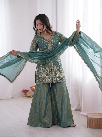 Teal Green Soft Gold Embroidery Work Sharara Suit