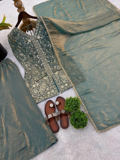 Teal Green Soft Gold Embroidery Work Sharara Suit