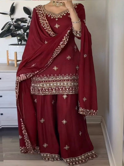 Maroon Sequence Embroidery Work Sharara Suit