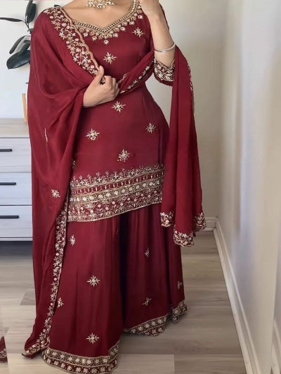 Maroon Sequence Embroidery Work Sharara Suit