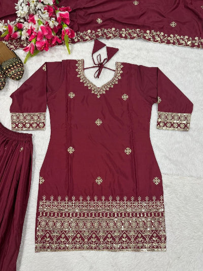 Maroon Sequence Embroidery Work Sharara Suit