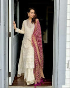 Ivory Georgette Sharara Suit With Magenta Soft Silk Dupatta - BONYHUBSALWAR KAMEEZ