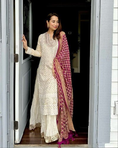 Ivory Georgette Sharara Suit With Magenta Soft Silk Dupatta - BONYHUBSALWAR KAMEEZ