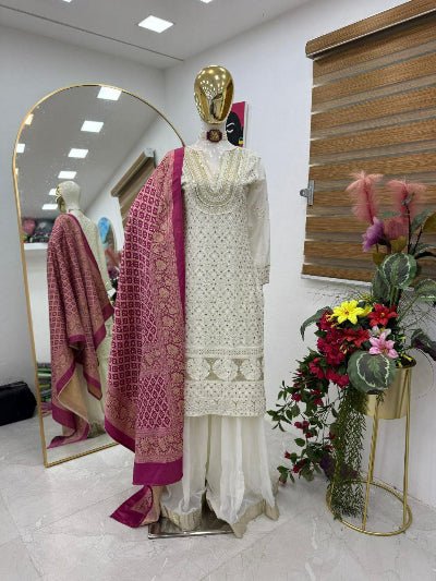 Ivory Georgette Sharara Suit With Magenta Soft Silk Dupatta - BONYHUBSALWAR KAMEEZ