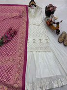 Ivory Georgette Sharara Suit With Magenta Soft Silk Dupatta - BONYHUBSALWAR KAMEEZ