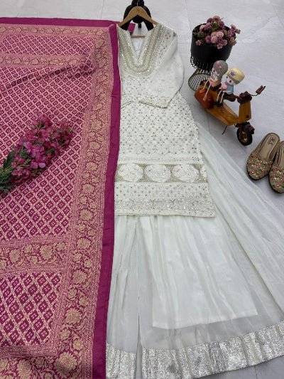 Ivory Georgette Sharara Suit With Magenta Soft Silk Dupatta - BONYHUBSALWAR KAMEEZ