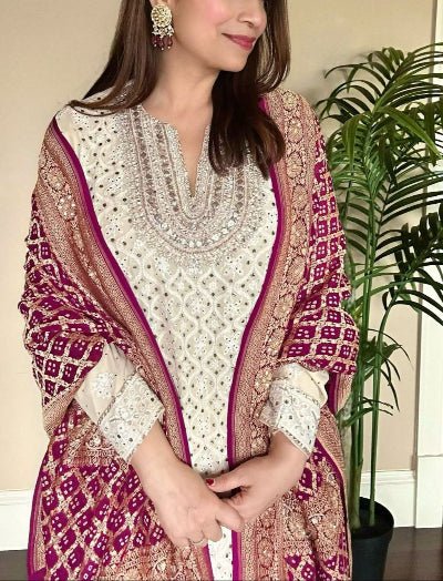 Ivory Georgette Sharara Suit With Magenta Soft Silk Dupatta - BONYHUBSALWAR KAMEEZ