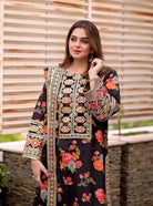 Black Chinon Silk Floral Embroidered Straight Suit Set - BONYHUBSALWAR KAMEEZ