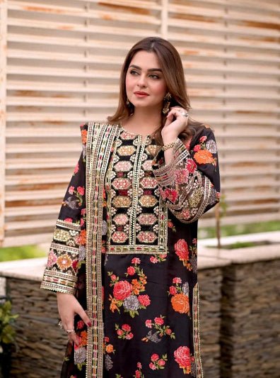 Black Chinon Silk Floral Embroidered Straight Suit Set - BONYHUBSALWAR KAMEEZ
