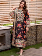 Black Chinon Silk Floral Embroidered Straight Suit Set - BONYHUBSALWAR KAMEEZ