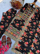 Black Chinon Silk Floral Embroidered Straight Suit Set - BONYHUBSALWAR KAMEEZ