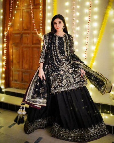 Black Georgette Gold Embroidered Sharara Palazzo Suit - BONYHUBSALWAR KAMEEZ
