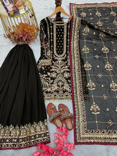 Black Georgette Gold Embroidered Sharara Palazzo Suit - BONYHUBSALWAR KAMEEZ