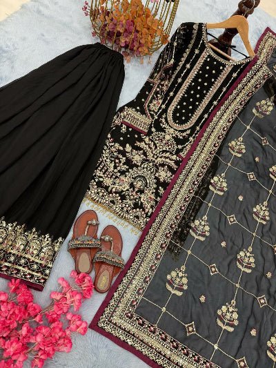 Black Georgette Gold Embroidered Sharara Palazzo Suit - BONYHUBSALWAR KAMEEZ