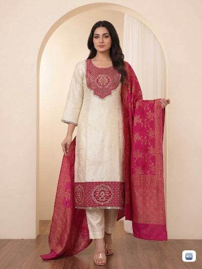 Ivory Pure Banarasi Weaving Suit with Red Dupatta