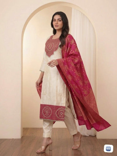 Ivory Pure Banarasi Weaving Suit with Red Dupatta