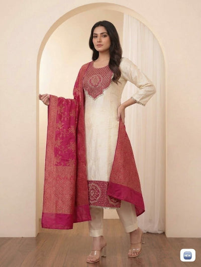 Ivory Pure Banarasi Weaving Suit with Red Dupatta