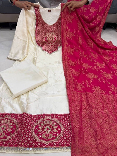 Ivory Pure Banarasi Weaving Suit with Red Dupatta