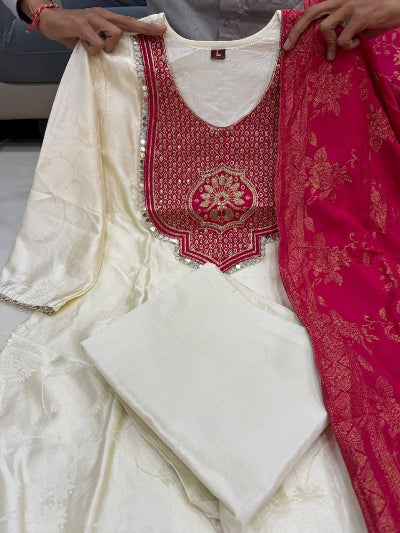 Ivory Pure Banarasi Weaving Suit with Red Dupatta