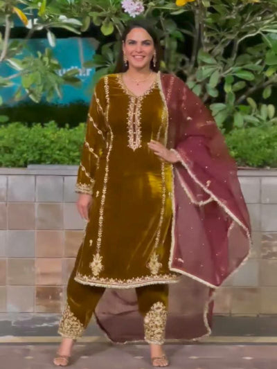 Mustard Gold Velvet Moti Work Salwar Suit Set