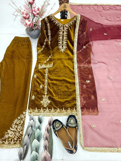 Mustard Gold Velvet Moti Work Salwar Suit Set
