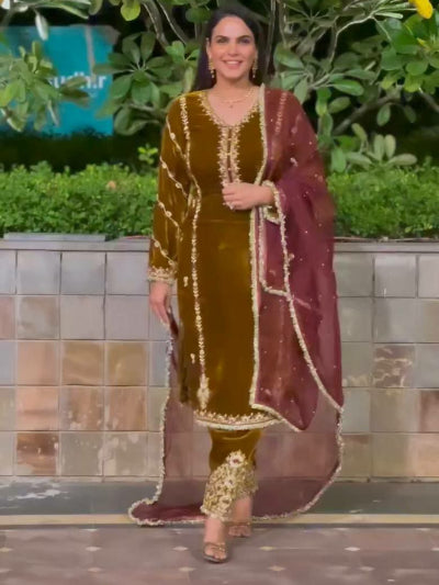 Mustard Gold Velvet Moti Work Salwar Suit Set