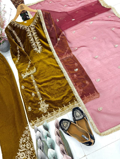 Mustard Gold Velvet Moti Work Salwar Suit Set