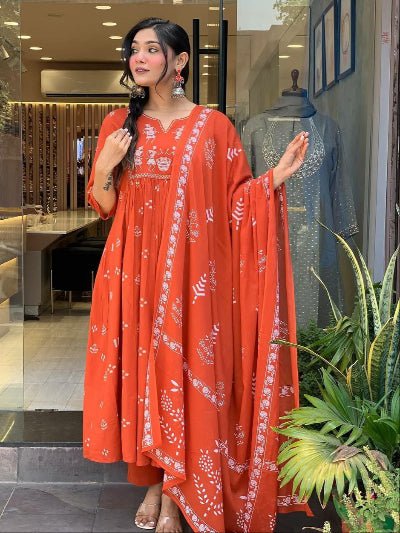 Orange Premium Cotton Embroidered Anarkali Suit - BONYHUBSALWAR KAMEEZ