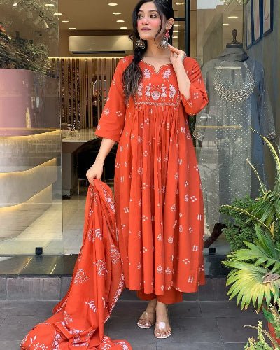 Orange Premium Cotton Embroidered Anarkali Suit - BONYHUBSALWAR KAMEEZ
